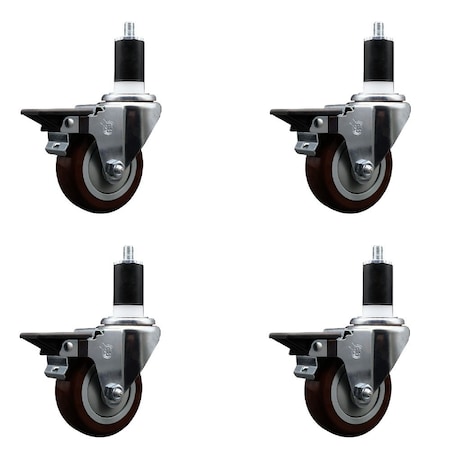 Service Caster 3.5'' Maroon Poly Swivel 1-1/2'' Expanding Stem Caster Set with Brake, 4PK SCC-EX20S3514-PPUB-MRN-PLB-112-4